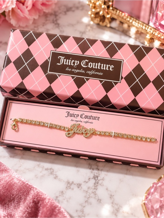 Juicy Couture Jewelry - Juicy Couture Juicy Script Crystal Tennis Bracelet Gold Tone New in Gift Box